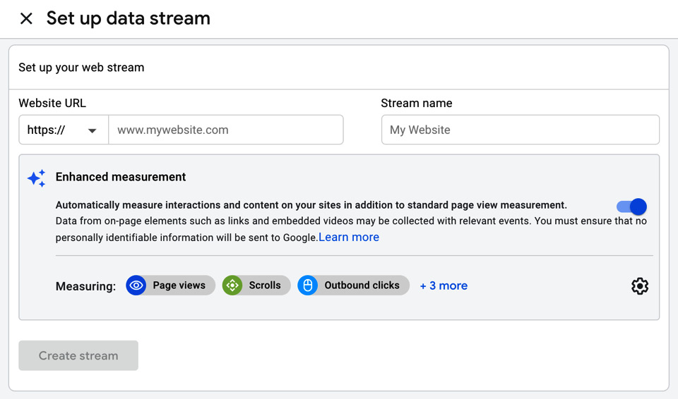 Figure 8.4 – Google Analytics web stream setup 