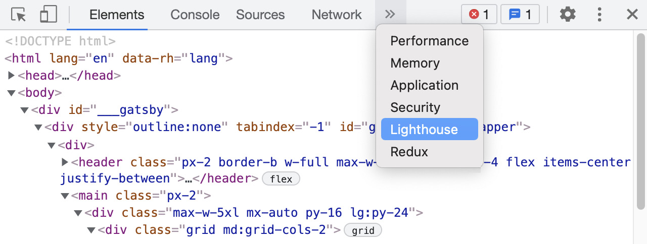Figure 7.1 – Lighthouse location Within Developer Tools 
