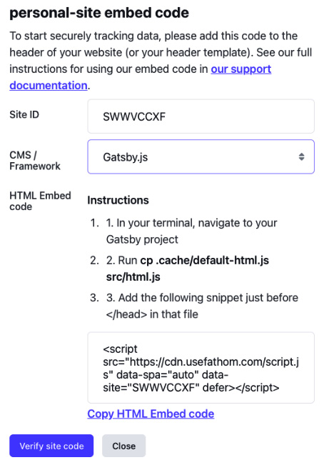 Figure 8.6 – Fathom embed code 