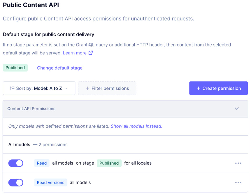 Figure 3.6 – GraphCMS public API settings 