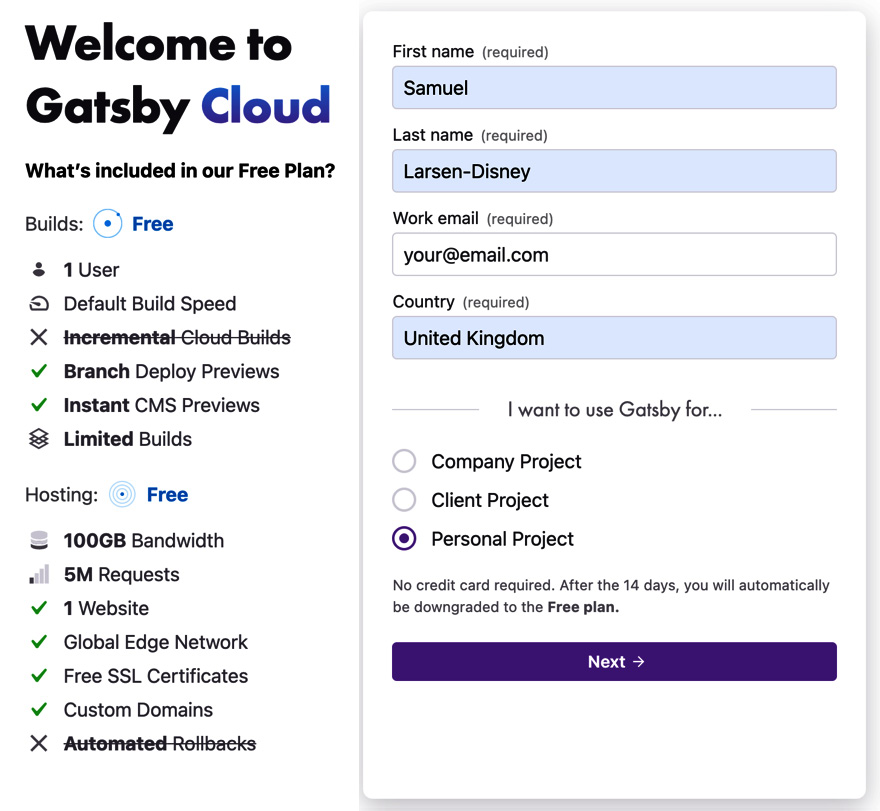 Figure 9.1 – Signing up to Gatsby Cloud 