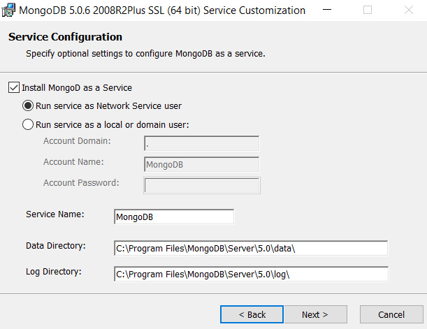 Figure 2.4 – The MongoDB service customization screen with the desired (default) values 