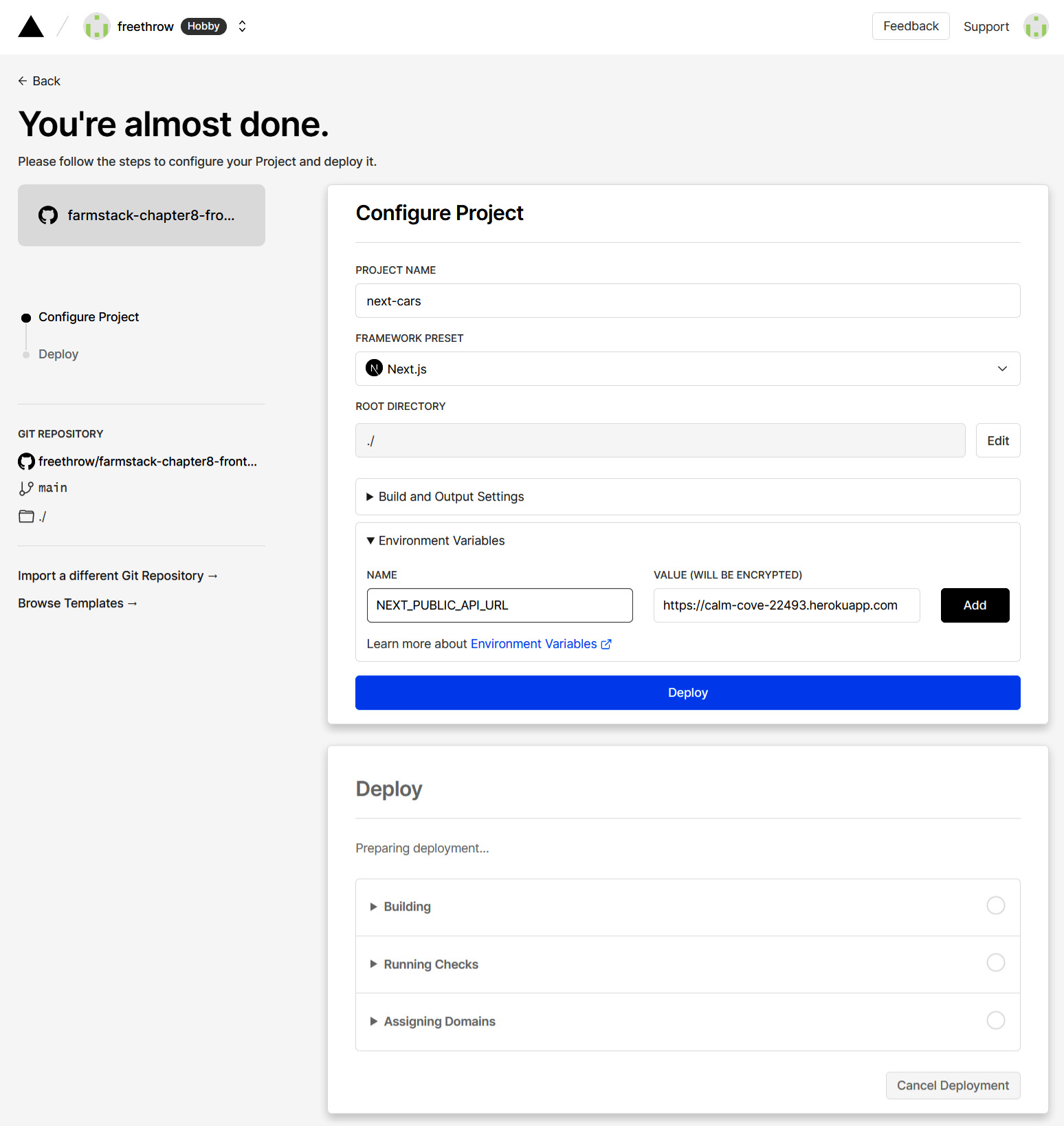 Figure 8.4  – The Vercel project configuration page and the Deploy button 