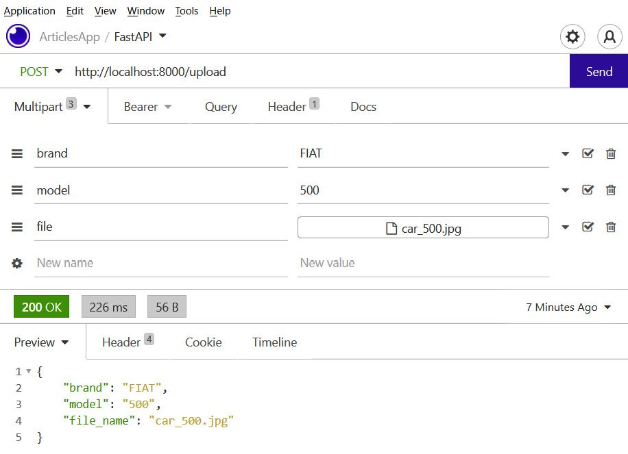 Figure 3.3 – Testing file uploads and form fields with the Insomnia REST client 