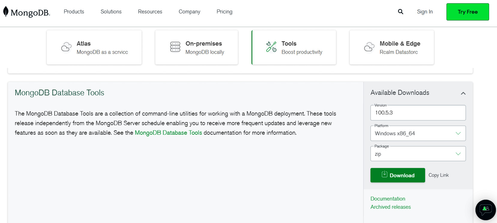 Figure 2.6 – The MongoDB downloads page 