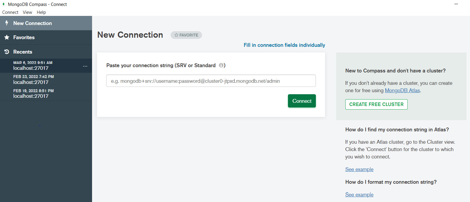Figure 2.5 – The initial screen of MongoDB Compass 