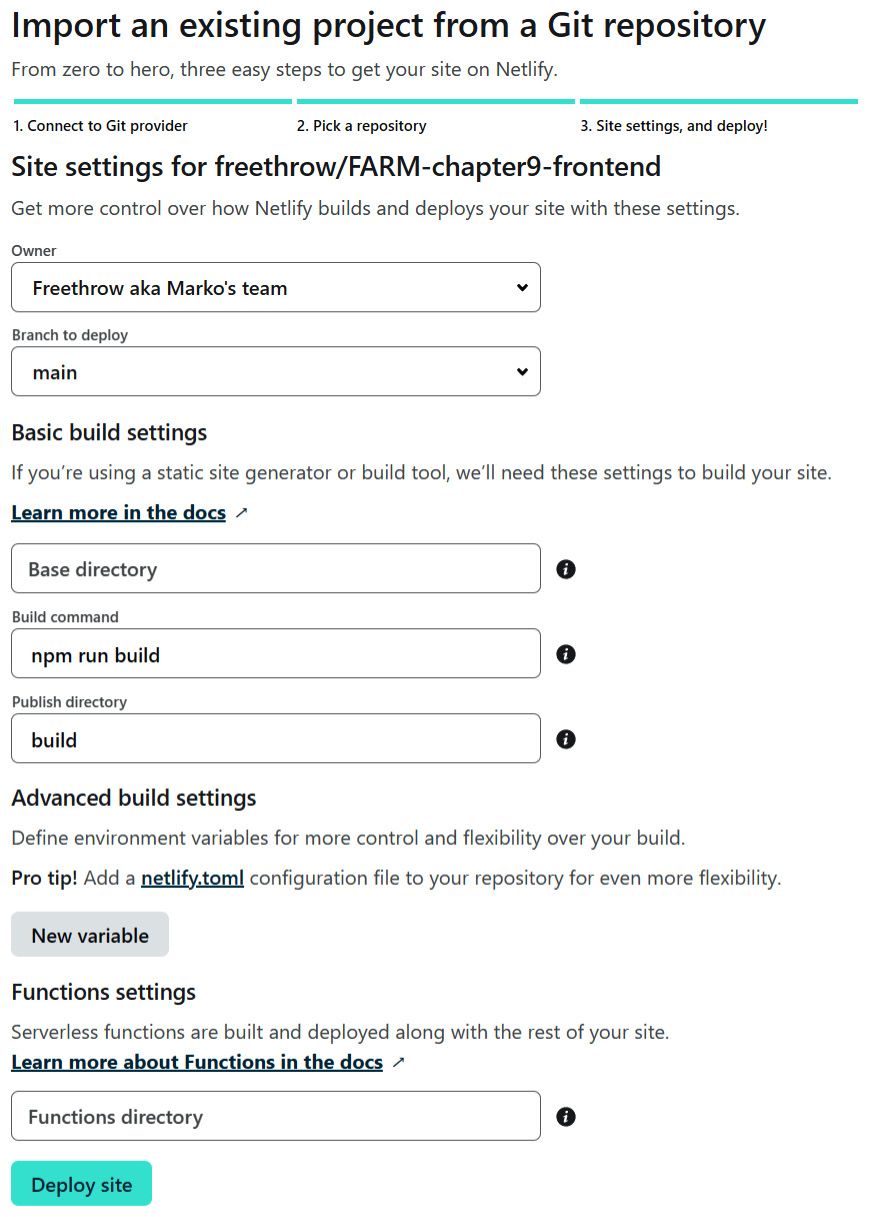 Figure 10.3 – Netlify’s pre-deployment setting page 