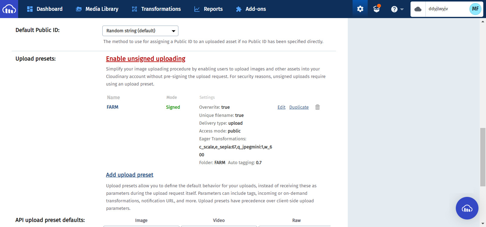 Figure 8.2 – Cloudinary settings page 