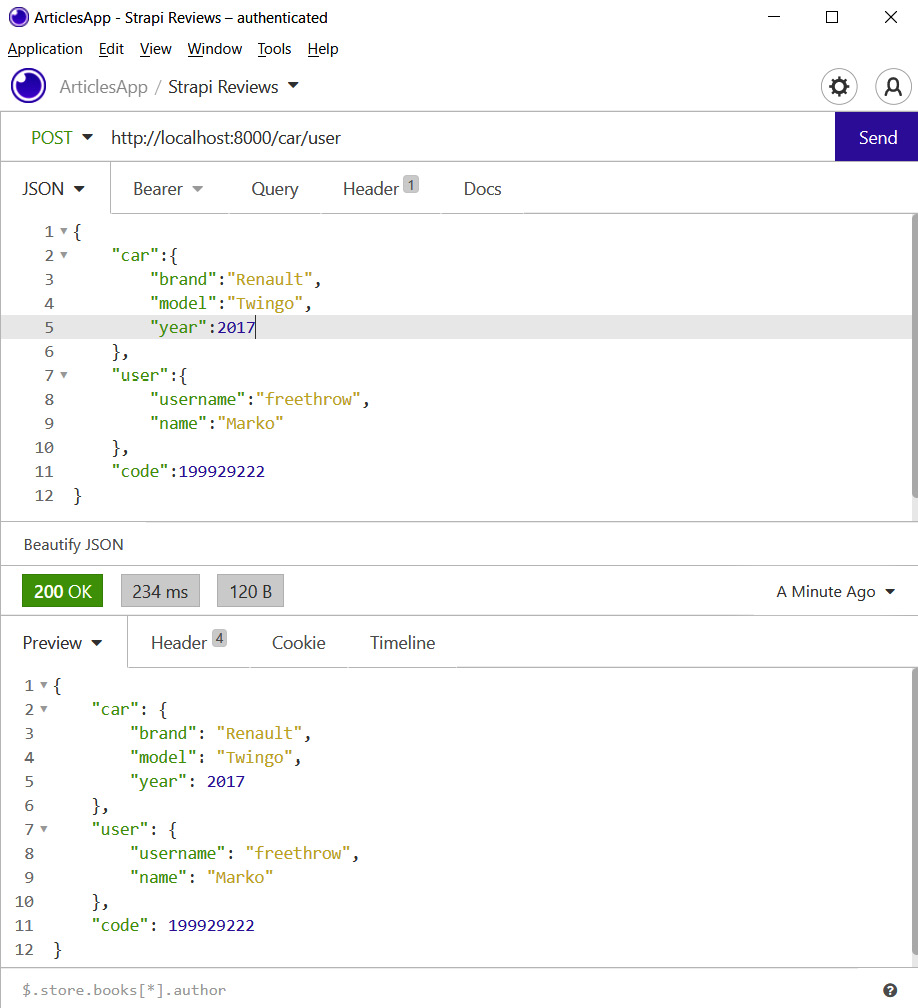 Figure 3.2 – Insomnia REST client interface for testing the endpoint 