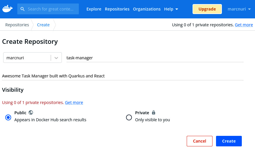 Figure 12.3 – A screenshot of the Docker Hub Create Repository user interface 
