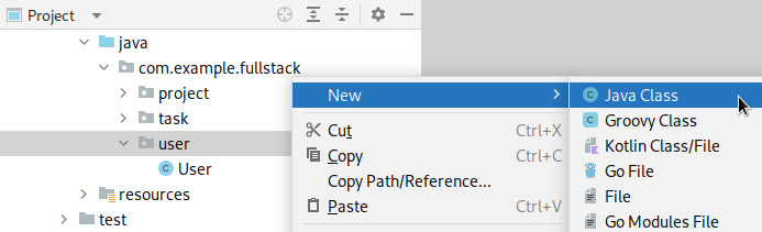 Figure 3.2 – A screenshot of the Java Class menu entry in IntelliJ