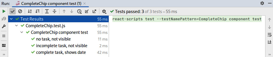 Figure 10.2 – A screenshot of IntelliJ’s ‘CompleteChip component test’ test execution results 