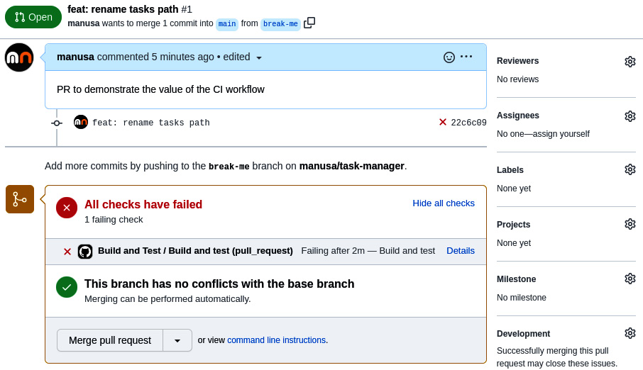Figure 14.10 – A screenshot of a GitHub pull request with a failed job 