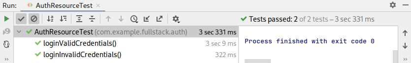 Figure 5.6 – A screenshot of IntelliJ ‘AuthResourceTest’ test execution results 