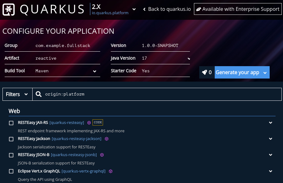 Figure 1.1 – A screenshot of the code.quarkus.io web interface 