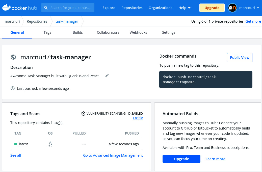 Figure 12.6 – A screenshot of the Docker Hub’s marcnuri/task-manager repository management interface 
