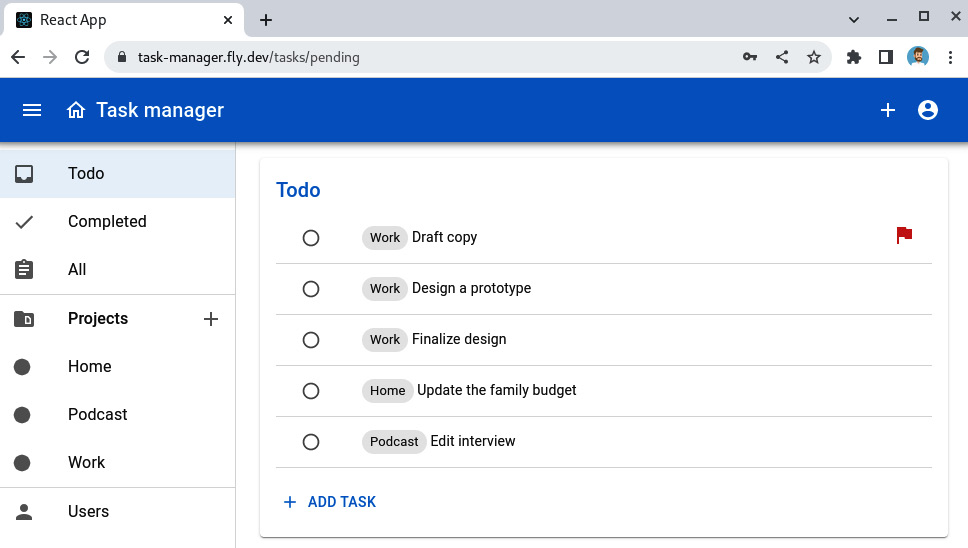 Figure 13.11 – A screenshot of the task manager after creating a few tasks and projects