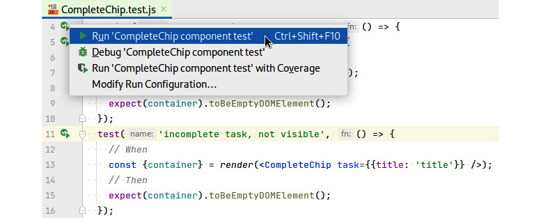 Figure 10.1 – A screenshot of IntelliJ’s Run ‘CompleteChip component test’ menu entry 