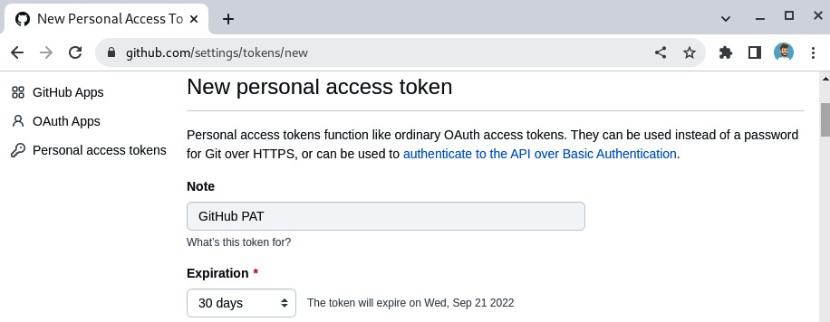 Figure 14.3 – A screenshot of the GitHub New personal access token form 