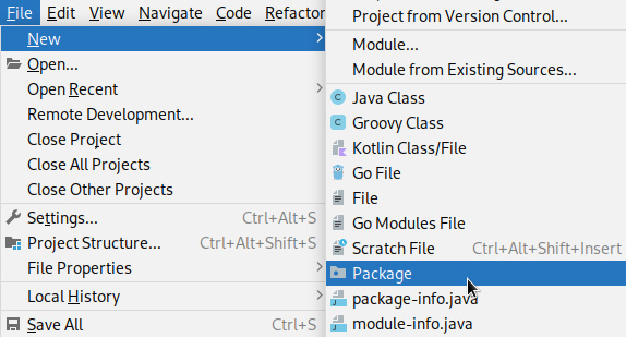 Figure 2.4 – A screenshot of the IntelliJ File | New | Package menu entry 