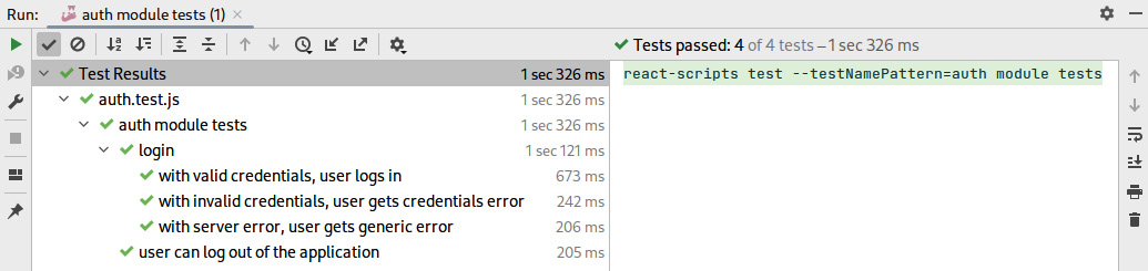Figure 10.4 – A screenshot of IntelliJ’s ‘auth module tests’ test execution results 