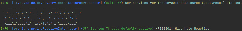 Figure 2.11 – A screenshot of quarkus:dev with the started postgresql Dev Services 