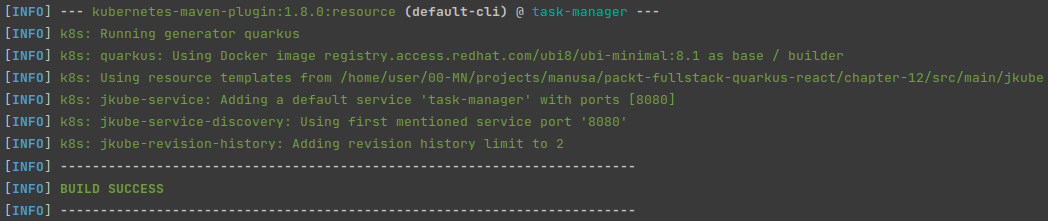 Figure 12.8 – A screenshot of the result of the Maven k8s:resource goal execution 