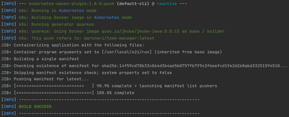 Figure 12.7 – A screenshot of the result of the k8s:push goal with Jib command execution 