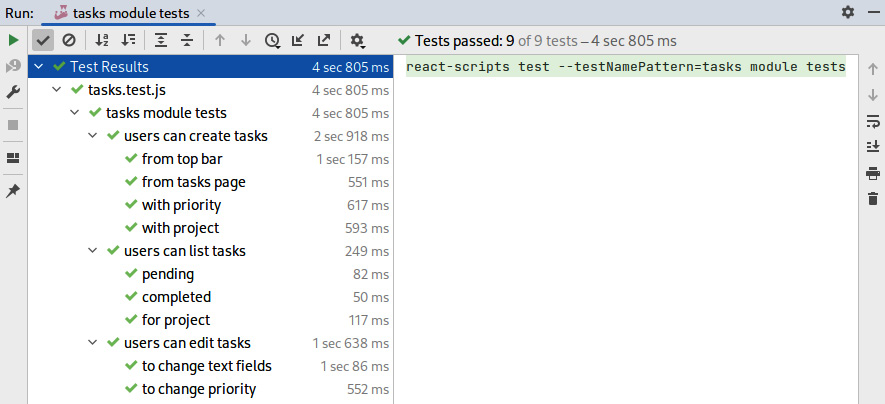 Figure 10.5 – A screenshot of IntelliJ’s ‘tasks module tests’ test execution results 