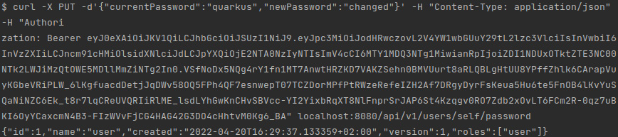 Figure 4.9 – A screenshot of the result of executing cURL to change the user password 