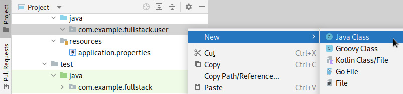 Figure 2.6 – A screenshot of the IntelliJ New | Java Class menu entry 