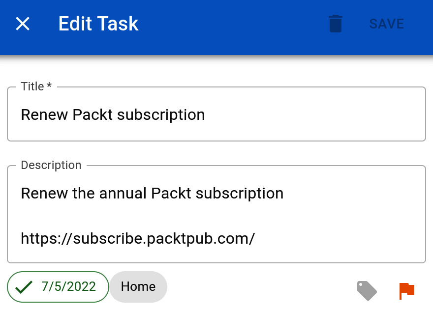 Figure 9.8 – A screenshot of the EditTask component when displaying a complete task 