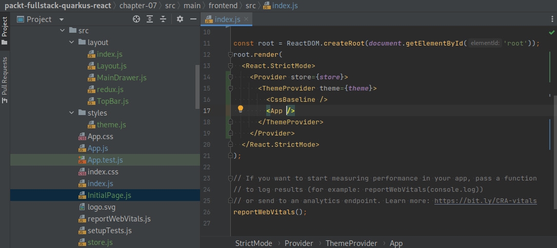 Figure 7.8 – A screenshot of IntelliJ displaying the content of the index.js file 