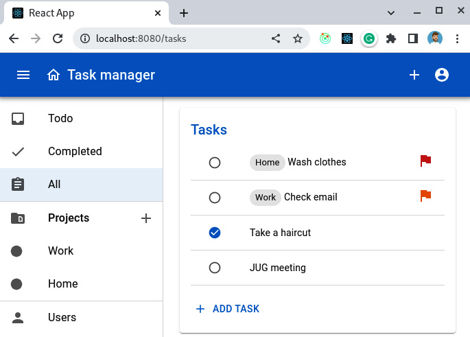 Figure 11.8 – A screenshot of a browser pointing to http://localhost:8080/tasks after some activity 