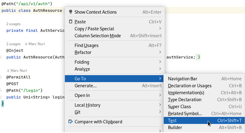 Figure 5.2 – A screenshot of IntelliJ Go To, Test menu entry 