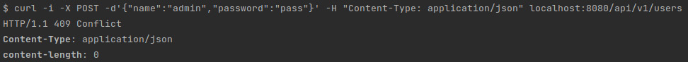 Figure 3.9 – A screenshot of a cURL execution showing the 409 Conflict status 