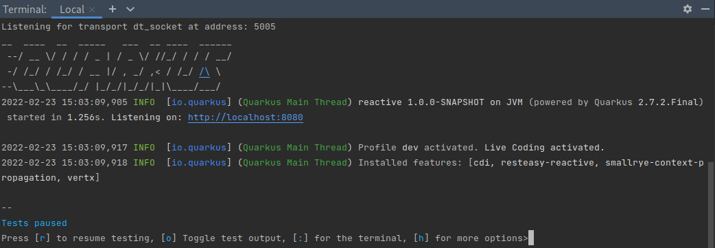 Figure 1.6 – A screenshot of the IntelliJ terminal running Quarkus development mode 