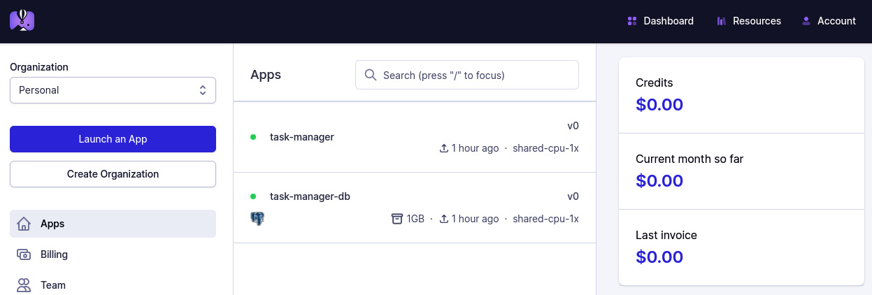 Figure 13.8 – A screenshot of the Fly.io dashboard showing the deployed application