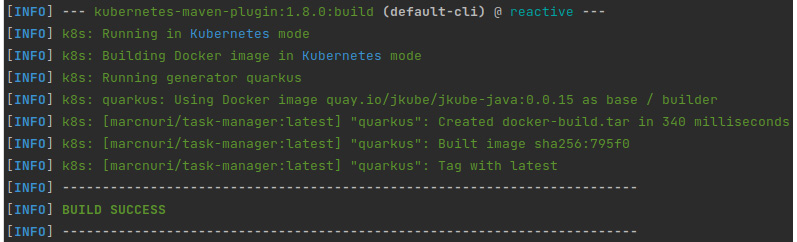 Figure 12.4 – A screenshot of the result of the ./mvnw k8s:build command execution 