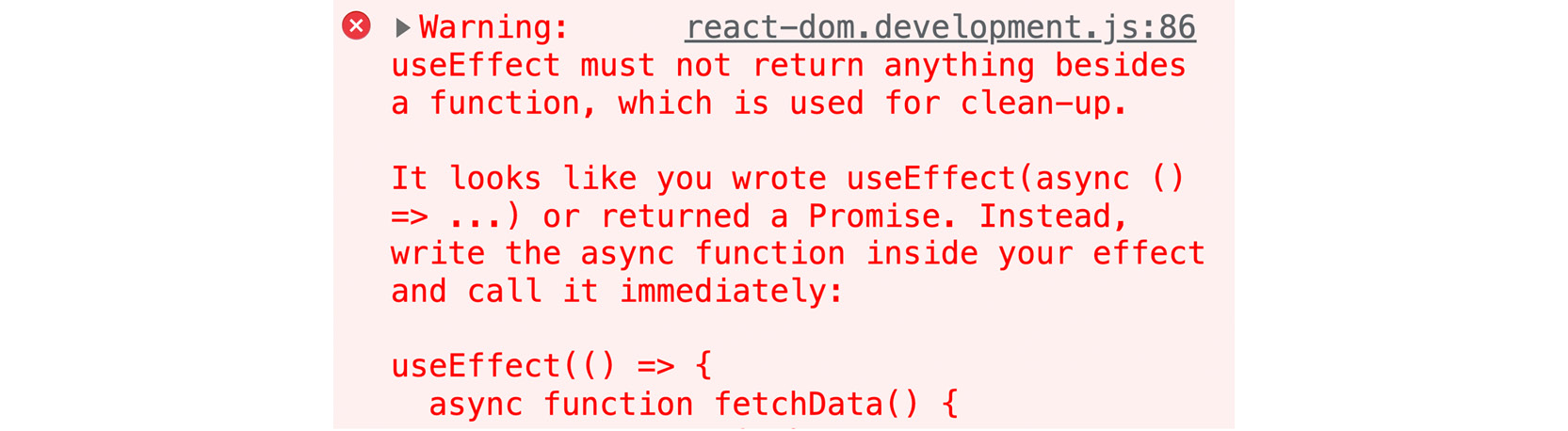 Figure 8.8: React shows a warning about async being used in an effect function 