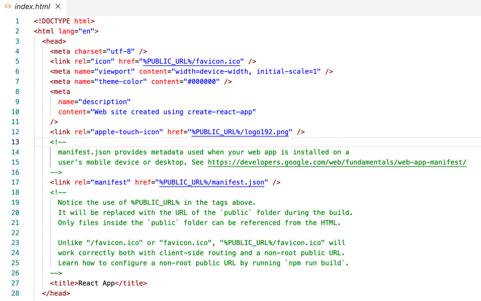 Figure 6.1: The <head> section of the index.html file contains no <link> import  that points to the index.css file 