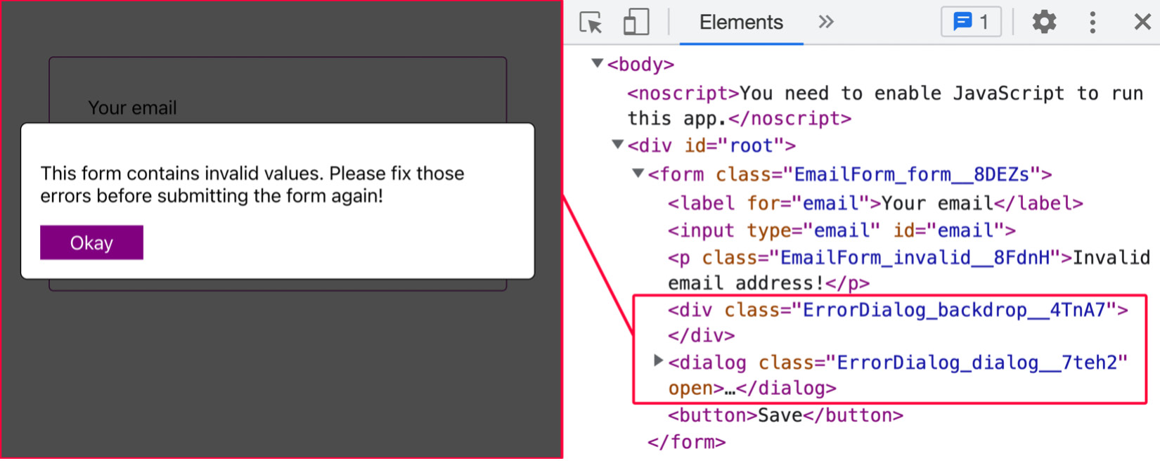 Figure 7.5: The error dialog and its backdrop are injected into the DOM 