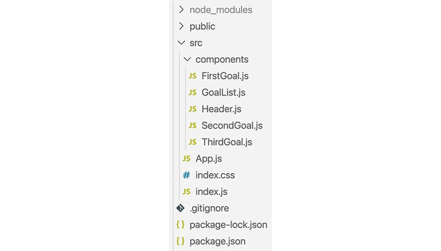 Figure 2.6: React project with a "components" folder and multiple component files added.  