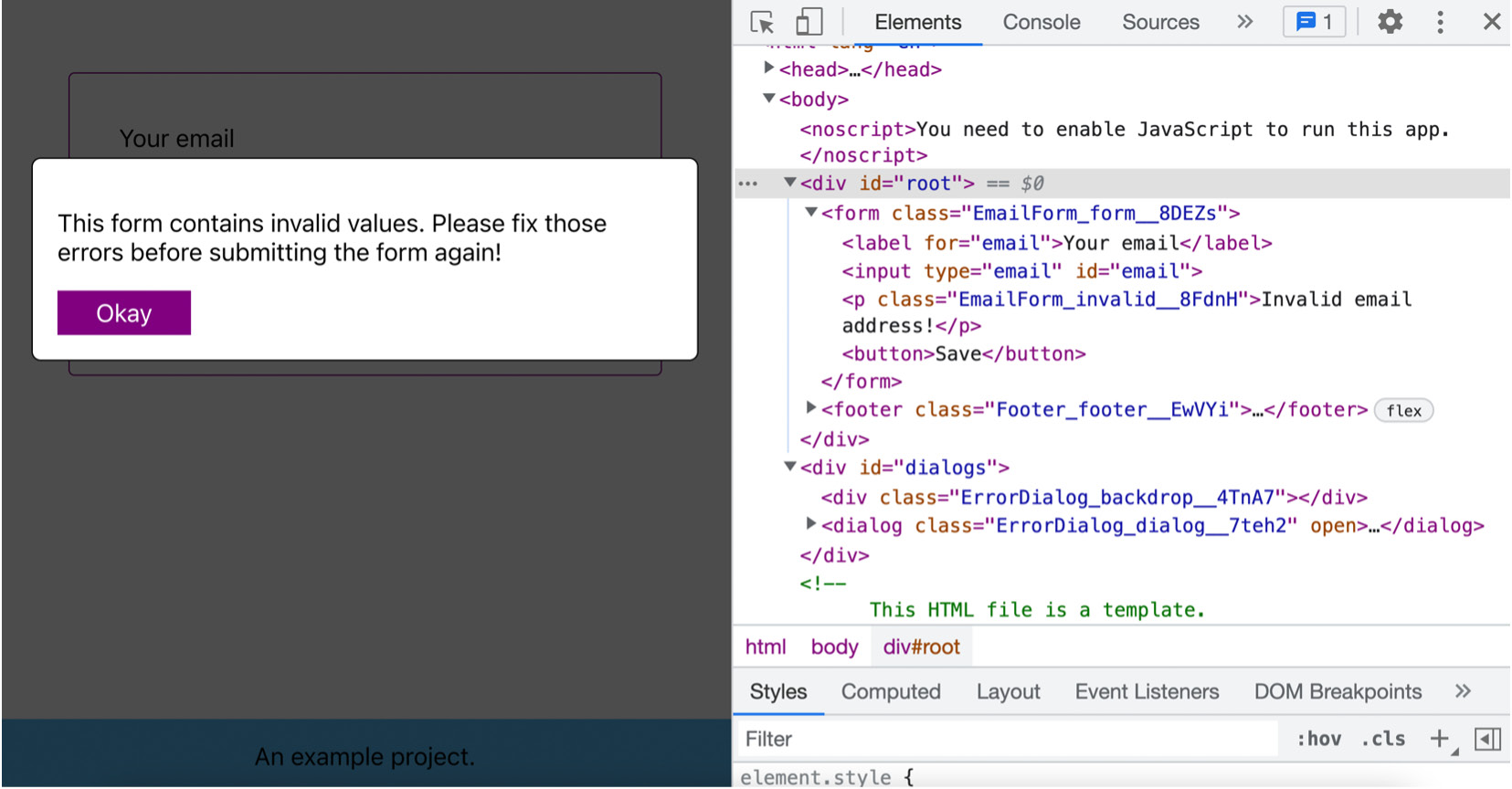 Figure 7.7: The overlay elements are inserted into <div id="dialogs"> 