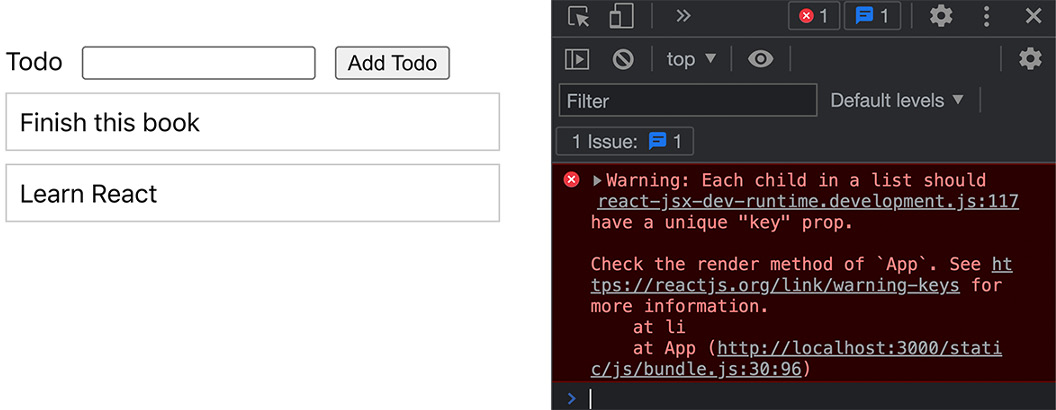 Figure 5.3: React sometimes generates a warning regarding missing unique keys 