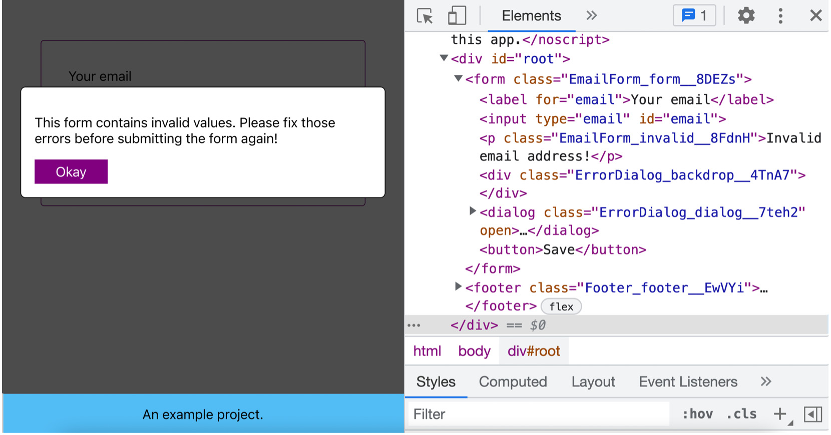 Figure 7.6: The <footer> element at the bottom is visible above the backdrop 