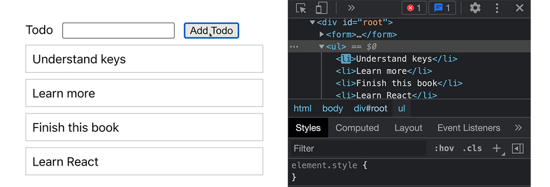 Figure 5.6: From multiple list items, only one DOM element gets updated 