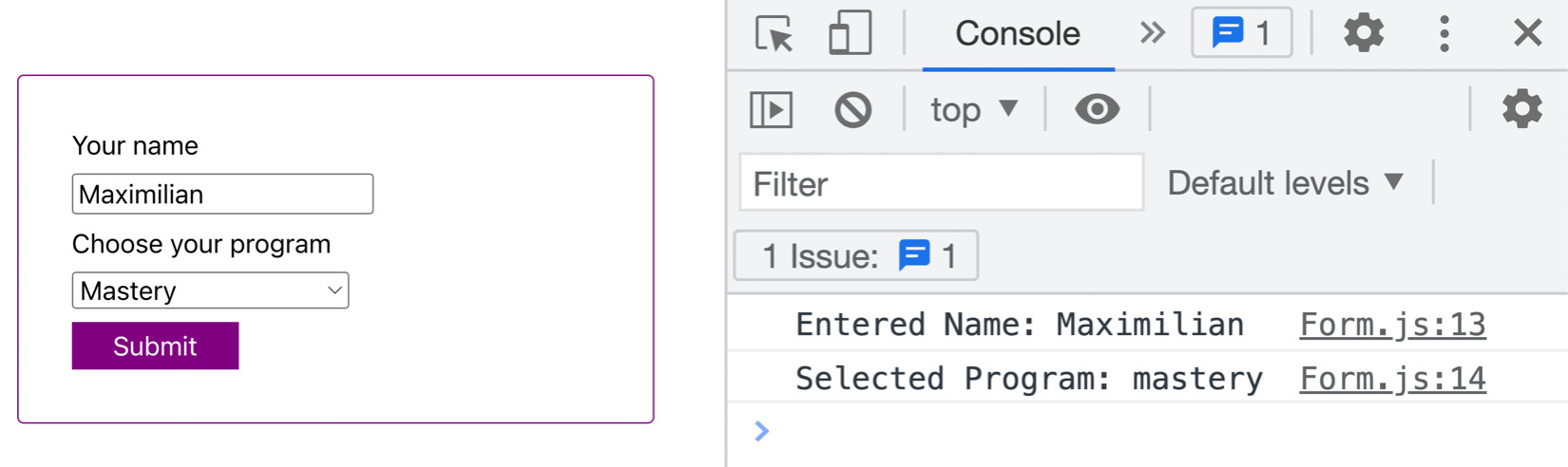 Figure 7.11: The browser developer tools console outputs the selected values 