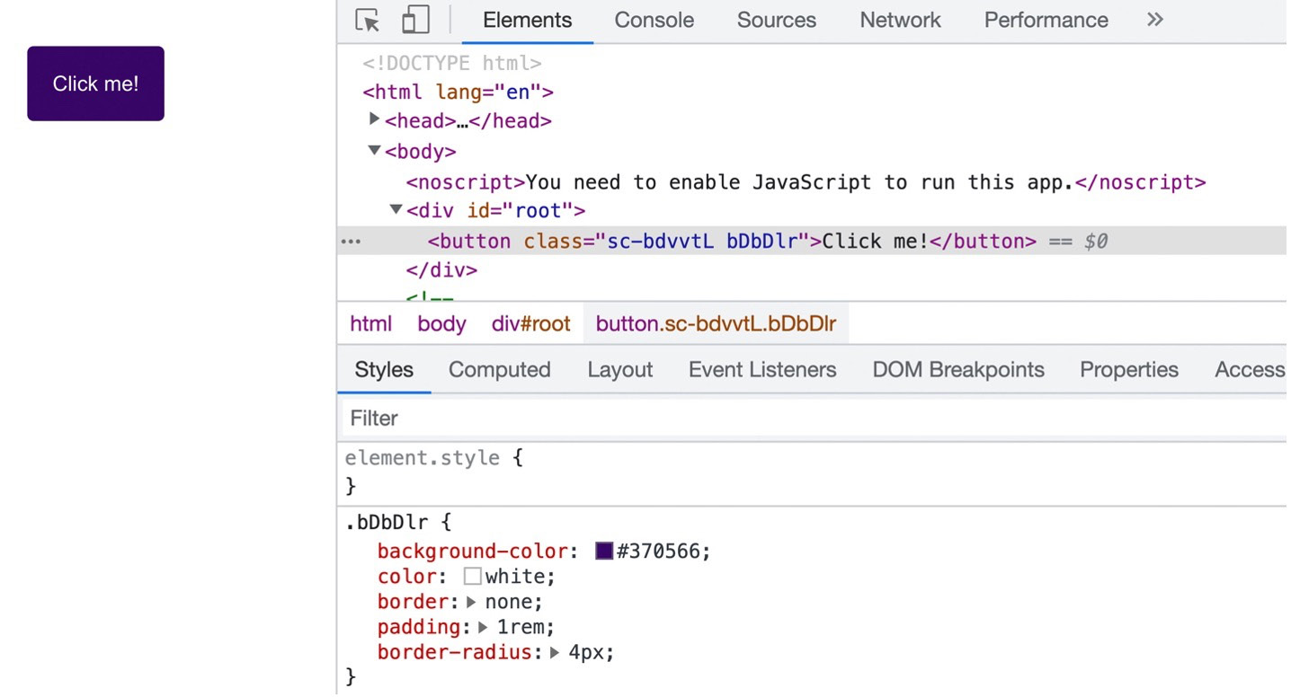 Figure 6.5: The rendered button element receives the defined component styles 