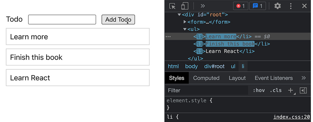 Figure 5.5: Updated DOM items are highlighted in the Chrome DevTools 